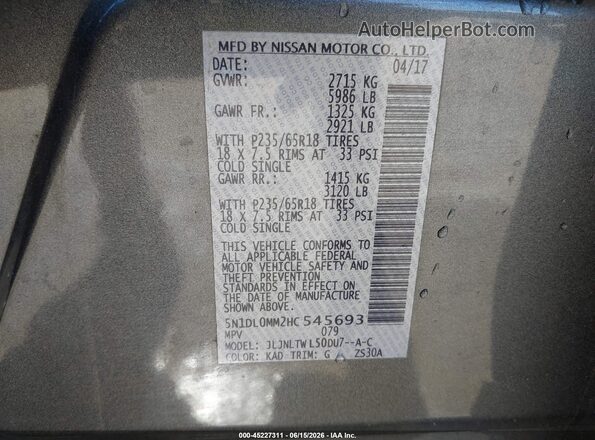 5N1DL0MM2HC545693 2017 INFINITI QX60 Gray VIN sticker view