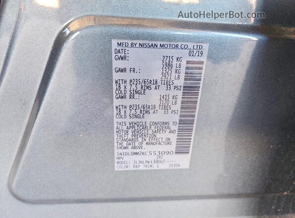 5N1DL0MM2KC553090 2019 INFINITI QX60 Gray VIN sticker view