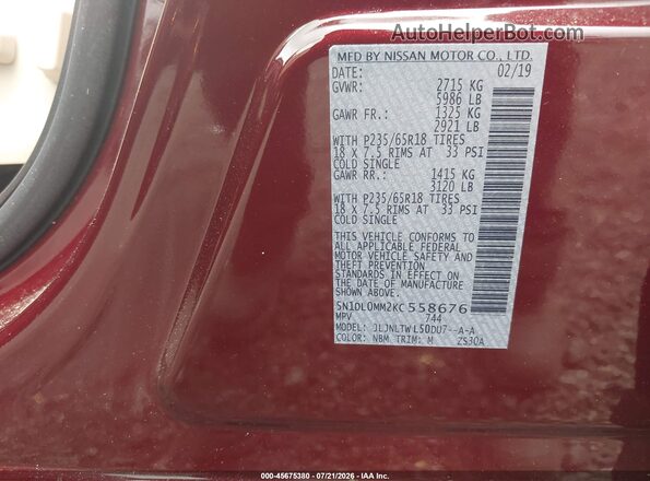 5N1DL0MM2KC558676 2019 INFINITI QX60 Maroon Widok komory silnika