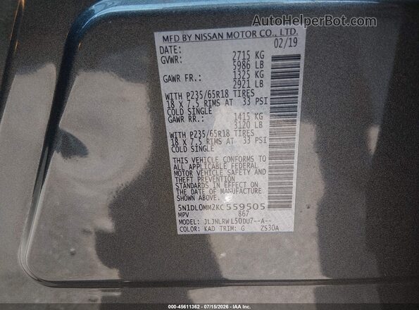 5N1DL0MM2KC559505 2019 INFINITI QX60 Gray Շարժիչի բաժամունքի տեսք