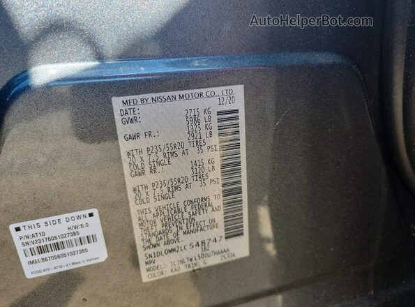 5N1DL0MM2LC548747 2020 INFINITI QX60 Gray VIN կոդի պիտակի տեսք