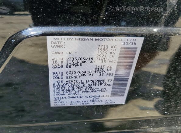 5N1DL0MM3HC506448 2017 INFINITI QX60 Black Widok naklejki z numerem VIN