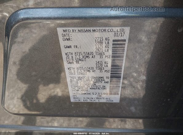 5N1DL0MM3HC523590 2017 INFINITI QX60 Gray Vista del compartimento del motor