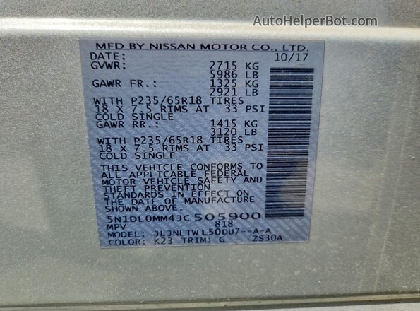 5N1DL0MM4JC505900 2018 INFINITI QX60 Silver VIN կոդի պիտակի տեսք