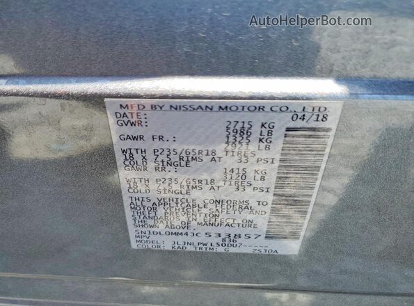 5N1DL0MM4JC533857 2018 INFINITI QX60 Silver VIN կոդի պիտակի տեսք