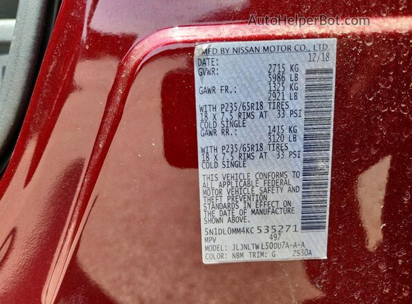 5N1DL0MM4KC535271 2019 INFINITI QX60 Burgundy Вид наклейки з VIN-кодом