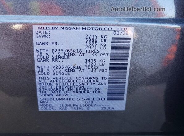 5N1DL0MM4KC554130 2019 INFINITI QX60 Gray VIN sticker view