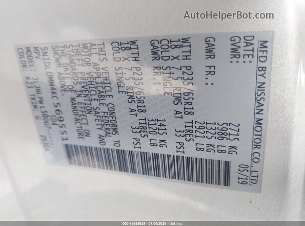 5N1DL0MM4KC569551 2019 INFINITI QX60 Silver Vista del compartimento del motor