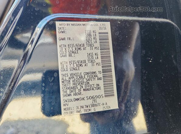 5N1DL0MM5HC506905 2017 INFINITI QX60 Синий Вид наклейки с VIN-кодом