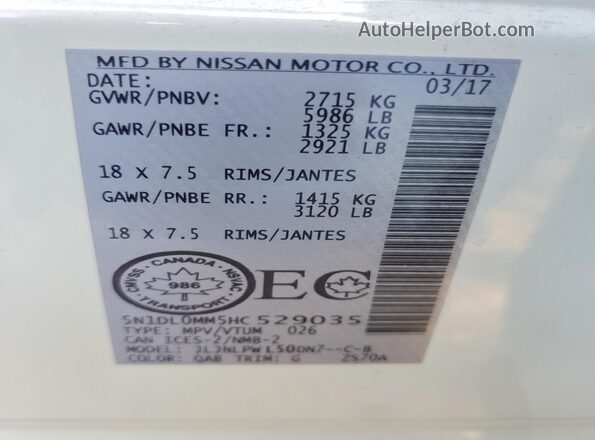 5N1DL0MM5HC529035 2017 INFINITI QX60 White VIN կոդի պիտակի տեսք