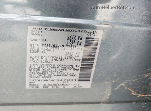 5N1DL0MM5HC547891 2017 INFINITI QX60 Blue Widok naklejki z numerem VIN