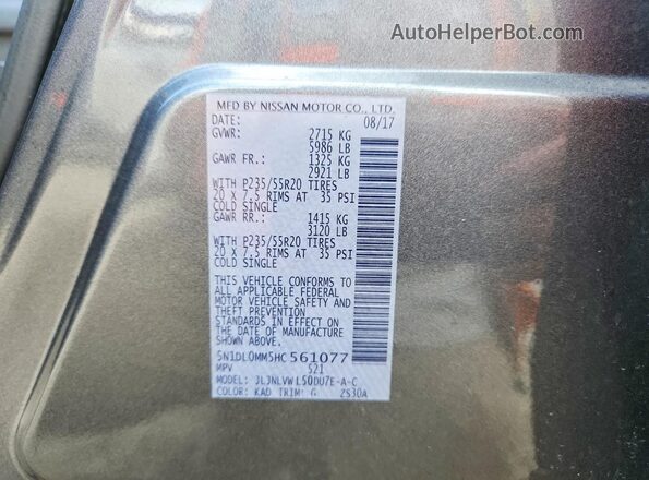 5N1DL0MM5HC561077 2017 INFINITI QX60 Gray VIN sticker view