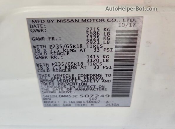 5N1DL0MM5JC507249 2018 INFINITI QX60 White VIN sticker view