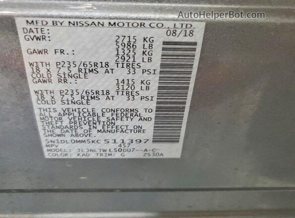 5N1DL0MM5KC511397 2019 INFINITI QX60 Charcoal VIN sticker view