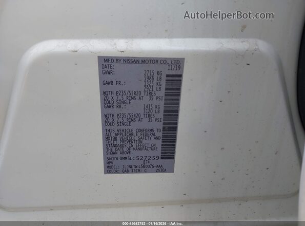 5N1DL0MM5LC527259 2020 INFINITI QX60 White ძრავის განყოფილების ხედი
