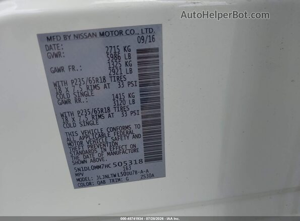 5N1DL0MM7HC505318 2017 INFINITI QX60 White Widok komory silnika