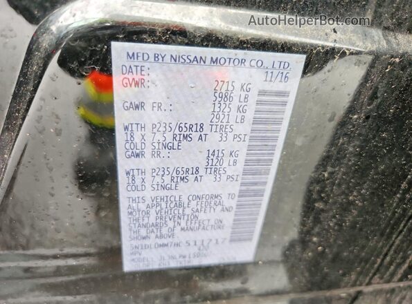 5N1DL0MM7HC511717 2017 INFINITI QX60 Black VIN კოდის სტიკერის ხედი