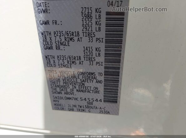 5N1DL0MM7HC545544 2017 INFINITI QX60 Белый Вид подкапотного пространства