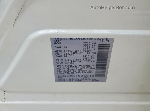 5N1DL0MM7LC526940 2020 INFINITI QX60 White VIN կոդի պիտակի տեսք
