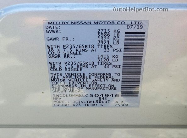 5N1DL0MM8LC504946 2020 INFINITI QX60 Silver Вид наклейки з VIN-кодом