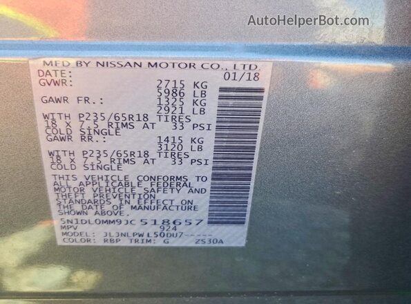 5N1DL0MM9JC518657 2018 INFINITI QX60 Blue Widok naklejki z numerem VIN