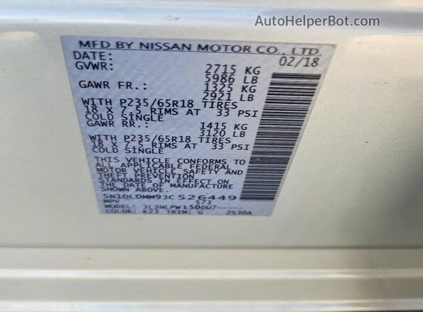 5N1DL0MM9JC526449 2018 INFINITI QX60 Silver VIN კოდის სტიკერის ხედი