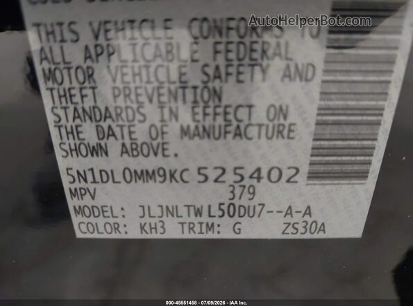 5N1DL0MM9KC525402 2019 INFINITI QX60 Black Շարժիչի բաժամունքի տեսք