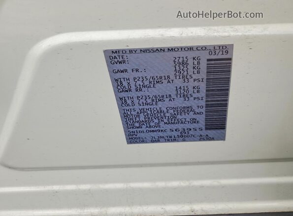 5N1DL0MM9KC563955 2019 INFINITI QX60 White VIN sticker view