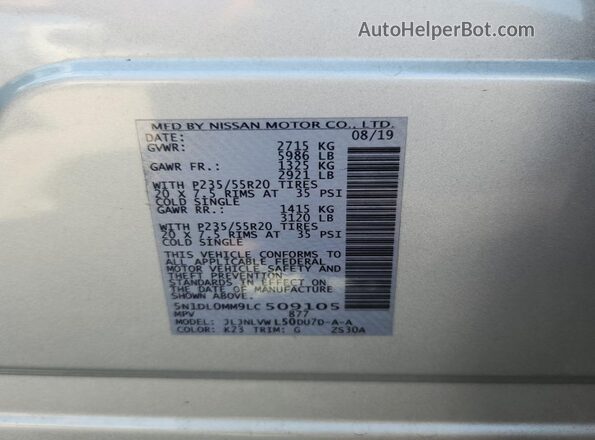 5N1DL0MM9LC509105 2020 INFINITI QX60 Silver VIN კოდის სტიკერის ხედი
