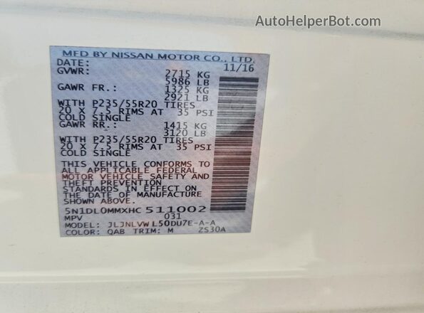 5N1DL0MMXHC511002 2017 INFINITI QX60 White VIN კოდის სტიკერის ხედი