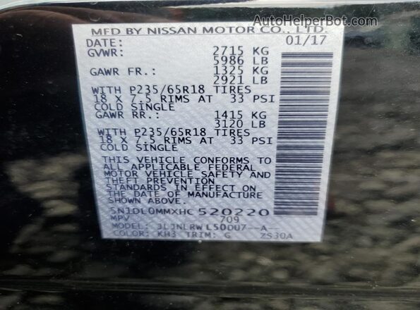 5N1DL0MMXHC520220 2017 INFINITI QX60 Black VIN կոդի պիտակի տեսք