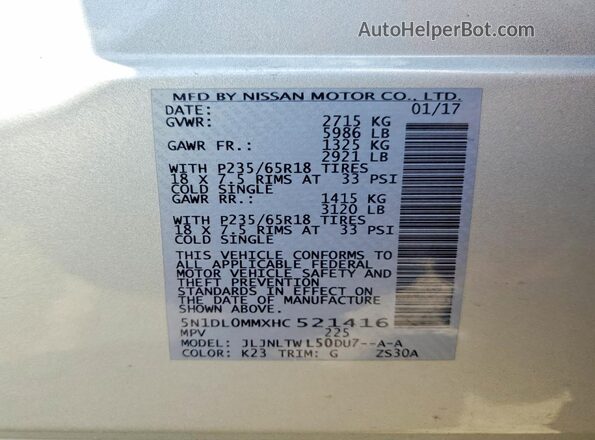 5N1DL0MMXHC521416 2017 INFINITI QX60 Silver Vista de la etiqueta del VIN