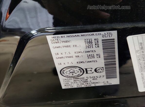 5N1DL0MMXHC550527 2017 INFINITI QX60 Black Vista de la etiqueta del VIN