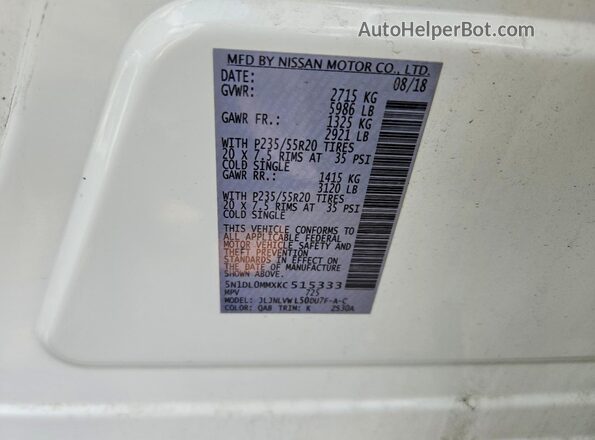 5N1DL0MMXKC515333 2019 INFINITI QX60 White VIN კოდის სტიკერის ხედი