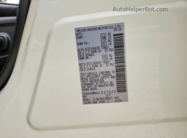 5N1DL0MMXLC517522 2020 INFINITI QX60 White Widok naklejki z numerem VIN