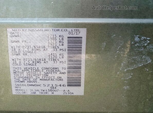 5N1DL0MN0HC521546 2017 INFINITI QX60 Green Widok naklejki z numerem VIN