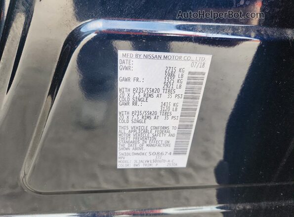 5N1DL0MN0KC508674 2019 INFINITI QX60 Blue VIN կոդի պիտակի տեսք