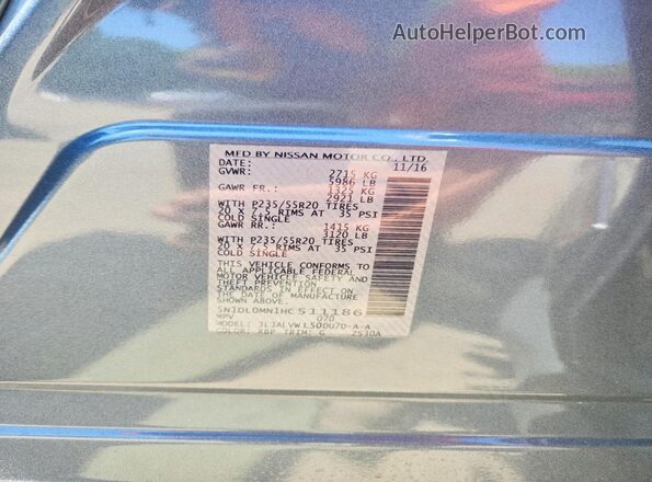 5N1DL0MN1HC511186 2017 INFINITI QX60 Silver Вид наклейки з VIN-кодом