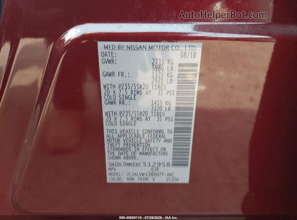 5N1DL0MN1KC512958 2019 INFINITI QX60 Red Vista del compartimento del motor