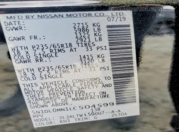 5N1DL0MN1LC504599 2020 INFINITI QX60 Black VIN კოდის სტიკერის ხედი