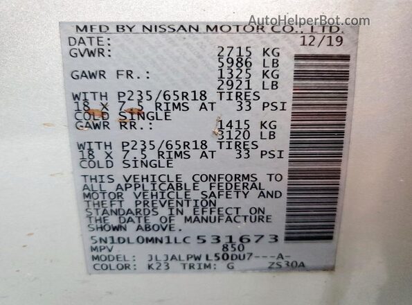 5N1DL0MN1LC531673 2020 INFINITI QX60 Silver Widok naklejki z numerem VIN