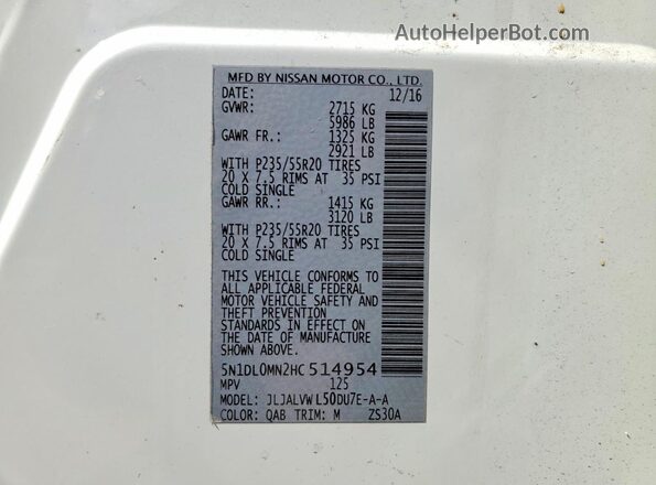 5N1DL0MN2HC514954 2017 INFINITI QX60 White VIN კოდის სტიკერის ხედი