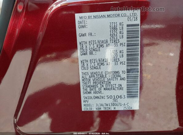 5N1DL0MN2KC501063 2019 INFINITI QX60 Red Vista del compartimento del motor