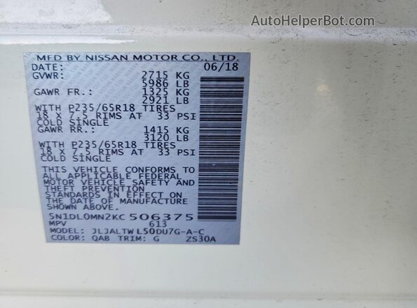 5N1DL0MN2KC506375 2019 INFINITI QX60 White Widok komory silnika