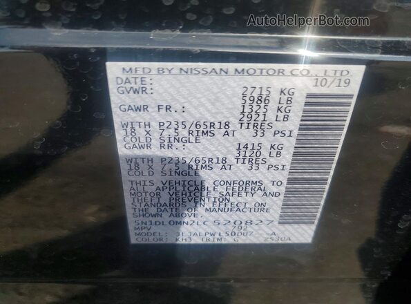 5N1DL0MN2LC520827 2020 INFINITI QX60 Black Widok naklejki z numerem VIN