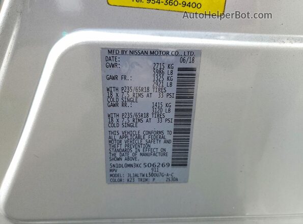5N1DL0MN3KC506269 2019 INFINITI QX60 Silver VIN კოდის სტიკერის ხედი