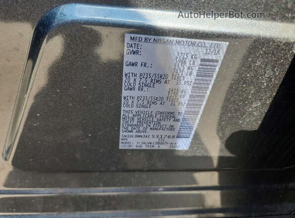5N1DL0MN3KC531768 2019 INFINITI QX60 Gray Widok naklejki z numerem VIN