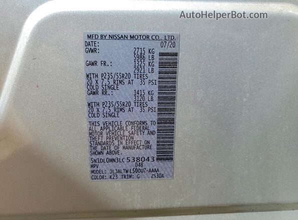 5N1DL0MN3LC538043 2020 INFINITI QX60 Silver VIN კოდის სტიკერის ხედი