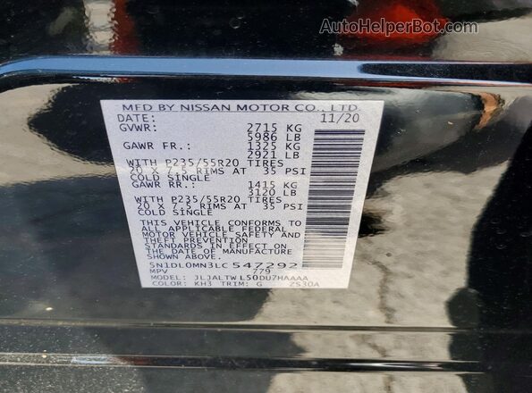 5N1DL0MN3LC547292 2020 INFINITI QX60 Black VIN կոդի պիտակի տեսք