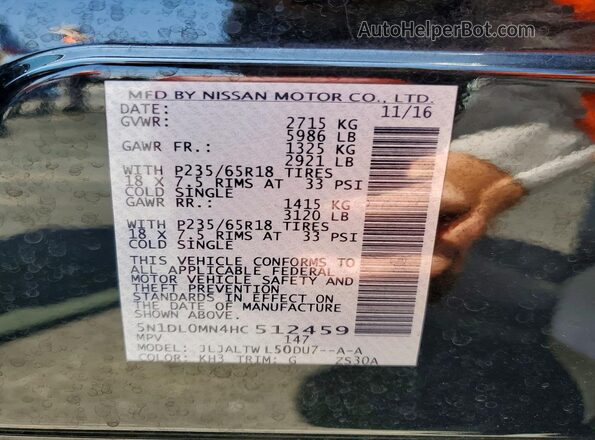 5N1DL0MN4HC512459 2017 INFINITI QX60 Black Widok naklejki z numerem VIN